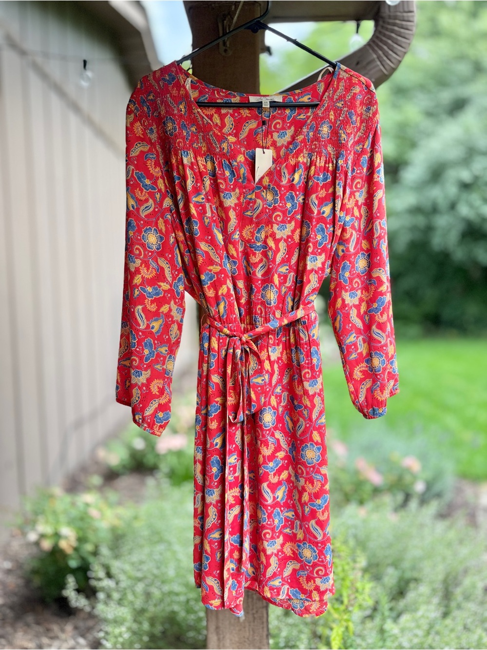 Women's Red Paisley Long-Sleeve Belted Dress